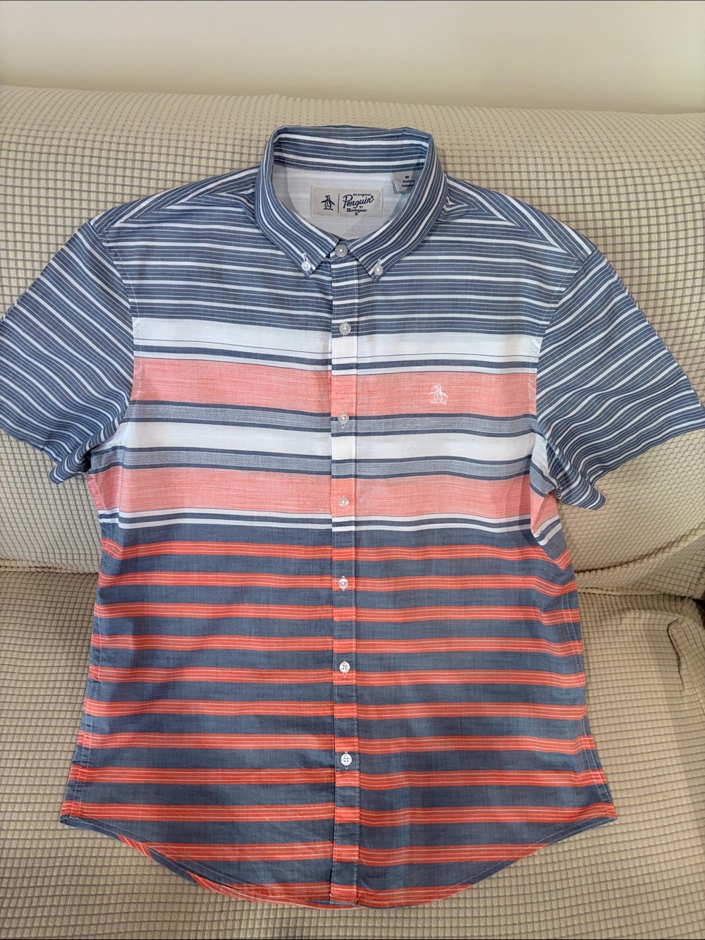 Original Penguin Short Sleeve Button-Down Shirt in Blue, White & Coral